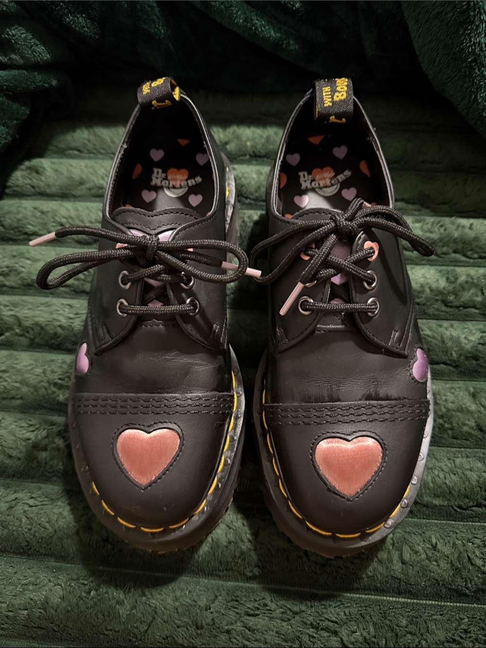 Dr. Martens Women’s Black Leather Heart Oxford Shoes - Pink Heart Detail - Picture 1 of 6